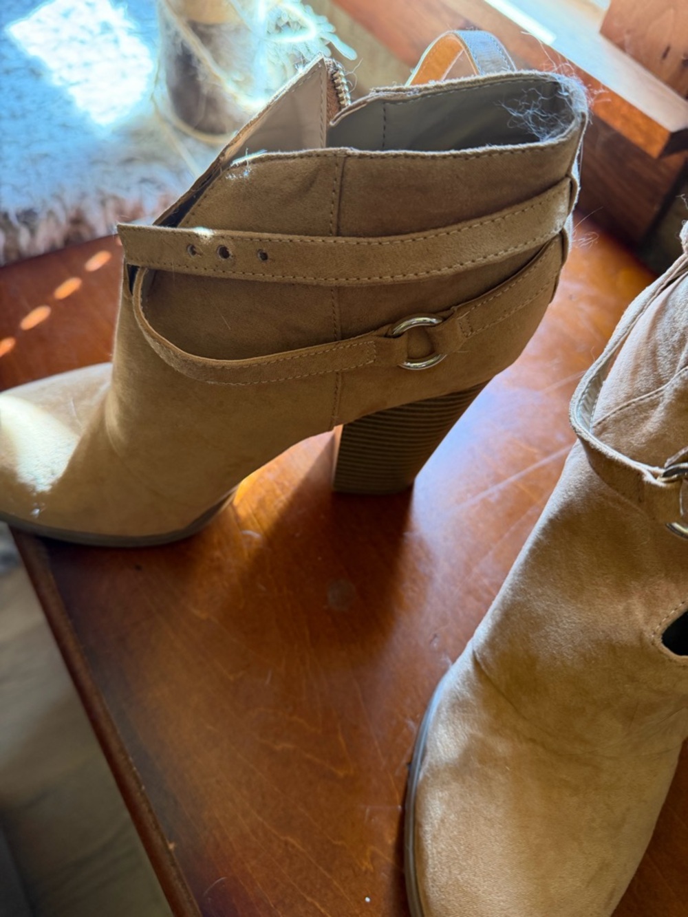 JustFab Tan Suede Ankle Boot with Block Heel and Wrap Strap